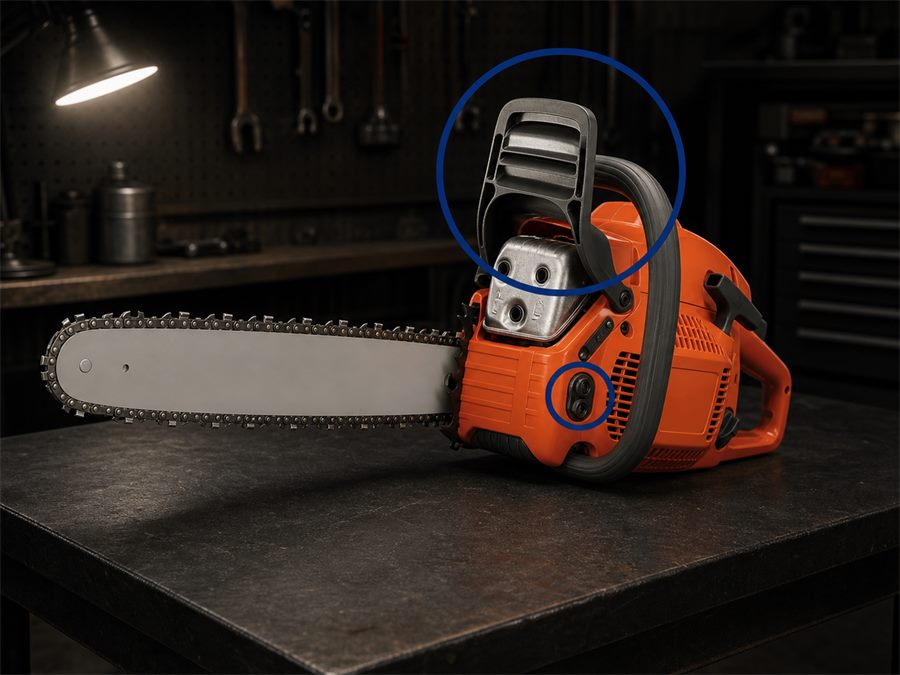 Husqvarna chainsaw with chain brake and cover nuts highlighted